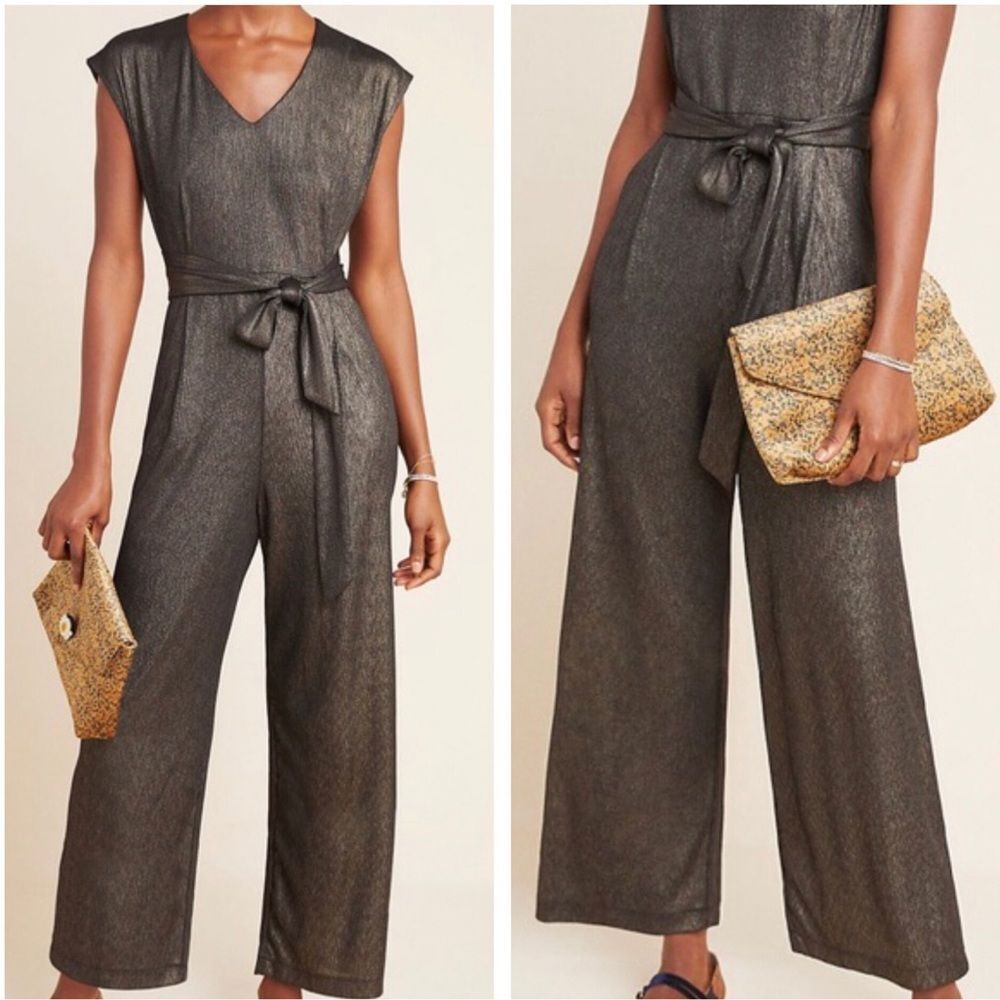 Anthropologie Bronze Shimmering Metallic Ribbed Knit Jumpsuit Size Small NWT